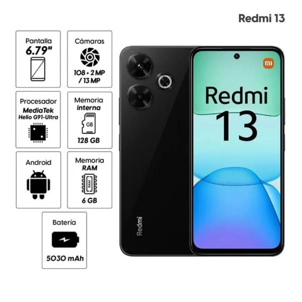 Celular Xiaomi Redmi 13 US 128GB 6GB RAM, Conectividad 4G, Pantalla 6.79" FHD+, Cámara 108MP, Batería 5030 mAh