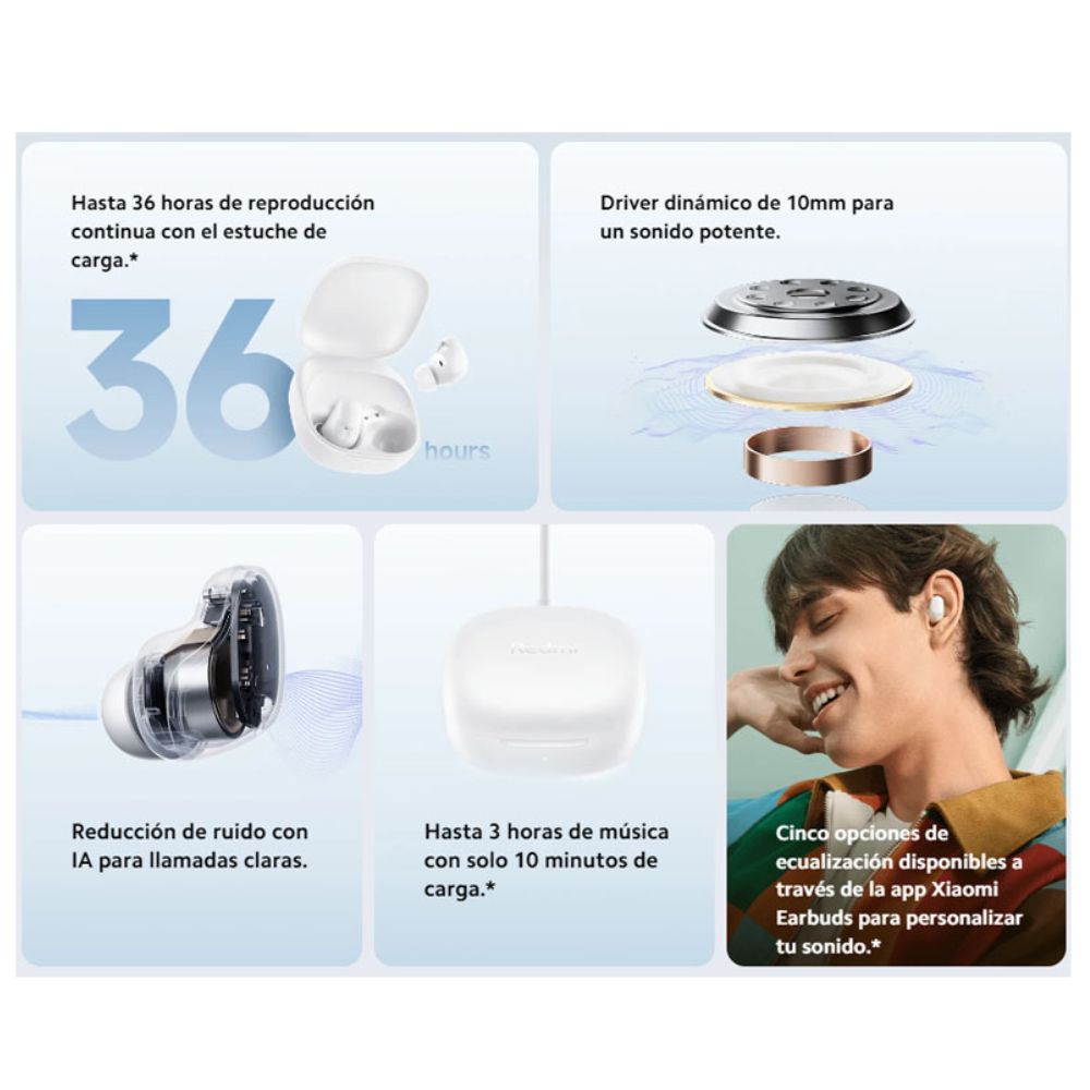 Audifonos Xiaomi Redmi Buds 6 Play, 36 horas de batería, Bluetooth 5.4, reducción de ruido con IA