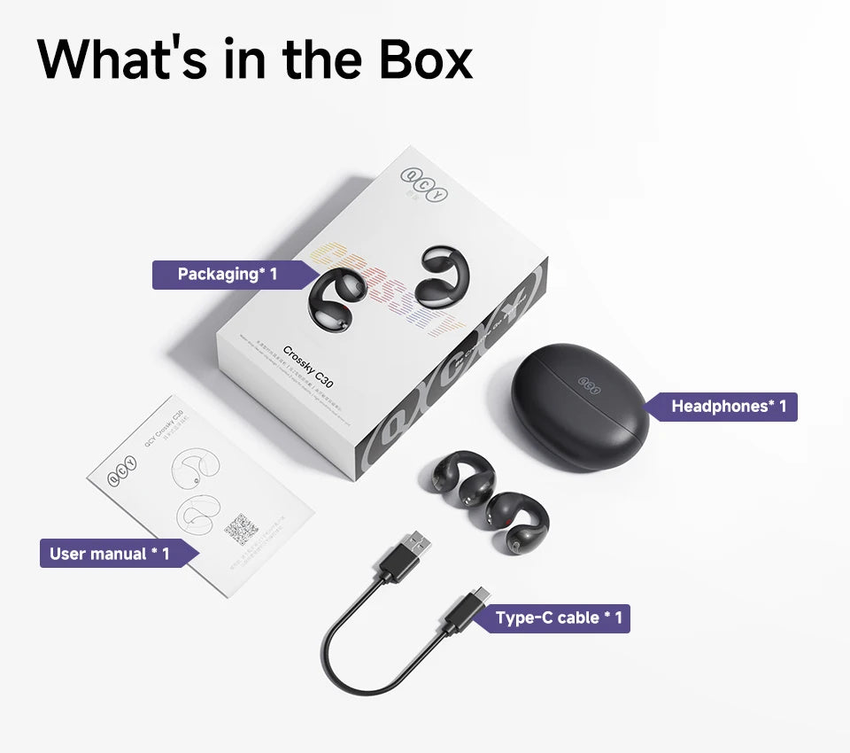 Audífonos Inalámbricos QCY Crossky C30 Con Clip Para Oreja, Open-ear, Bluetooth 5.4, 25 Horas De Batería, Protección IPX4 Contra Salpicaduras, Deportivos