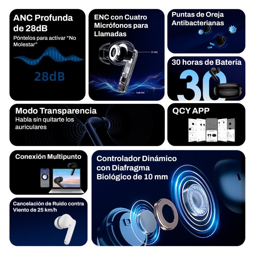 QCY T13 ANC 2 color negro con hasta 30 horas de batería y conexión Bluetooth estable